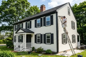 Professional home painting in New England- professional painter finishing the second-story paint job on a nice home near the coast in Massachusetts.