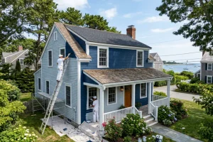 Professional painters applying fresh exterior paint to a South Shore coastal home after surface preparation work has been completed.